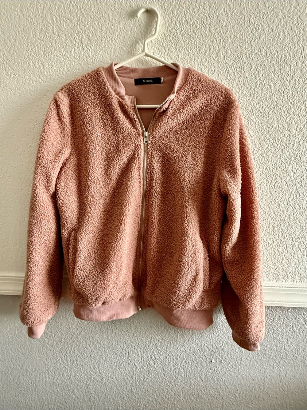 MEROKEETY Dusty Rose Teddy Zip Bomber Jacket